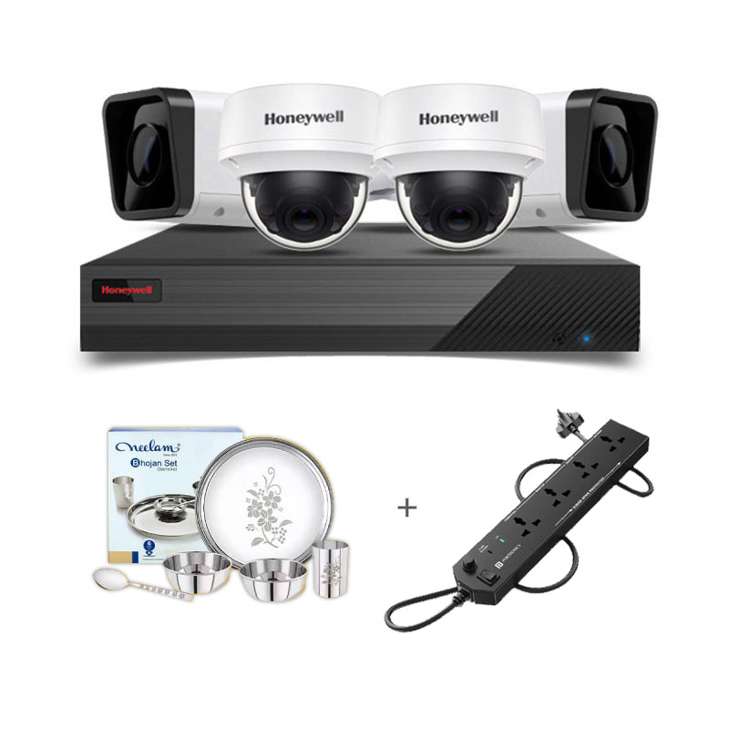 Picture of Honeywell 4 CCTV Cameras Combo (2 Indoor & 2 Outdoor CCTV Cameras)👨🏻‍🔧 With CCTV Installation + 4CH DVR + HDD + Accessories + Power Supply + 90m Cable +  Neelam Dinner Set + Power Strip